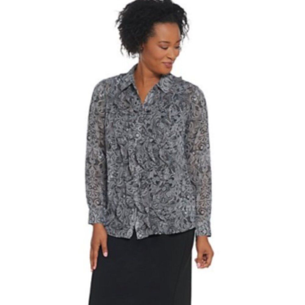 Joan Rivers Women Gray Floral Paisley Ruffle Long Sleeve Dress Shirt Size 10